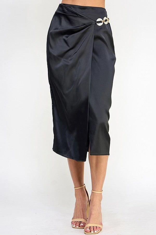 MIDI WRAP SKIRT W/WAIST BIZ TRIM