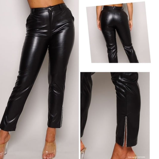 HIGH WAISTED RHINESTONE TRIM LEATHER PANTS