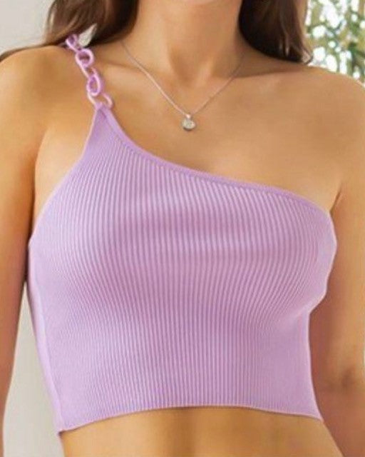 ONE SHOULDER KNIT TOP WHITH PLASTIC CHAIN