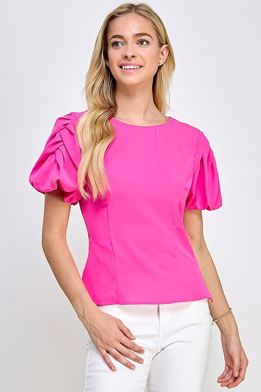 PLEATED BUBBLE SLV TOP W/ CUT OUT BACK