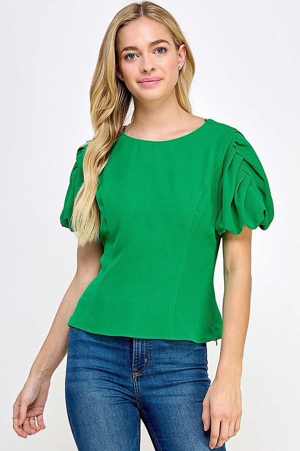 PLEATED BUBBLE SLV TOP W/ CUT OUT BACK