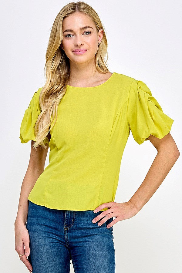 PLEATED BUBBLE SLV TOP W/ CUT OUT BACK