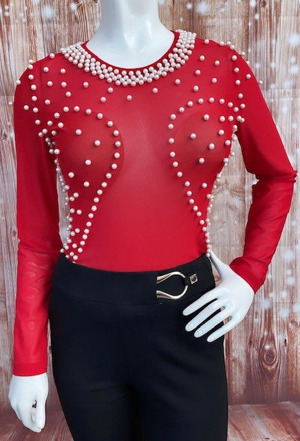 RED BODYSUIT WITH PEARLS