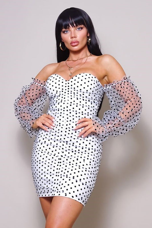 PUFF OFF SHOULDER POLKA DOT MESH MINI DRESS